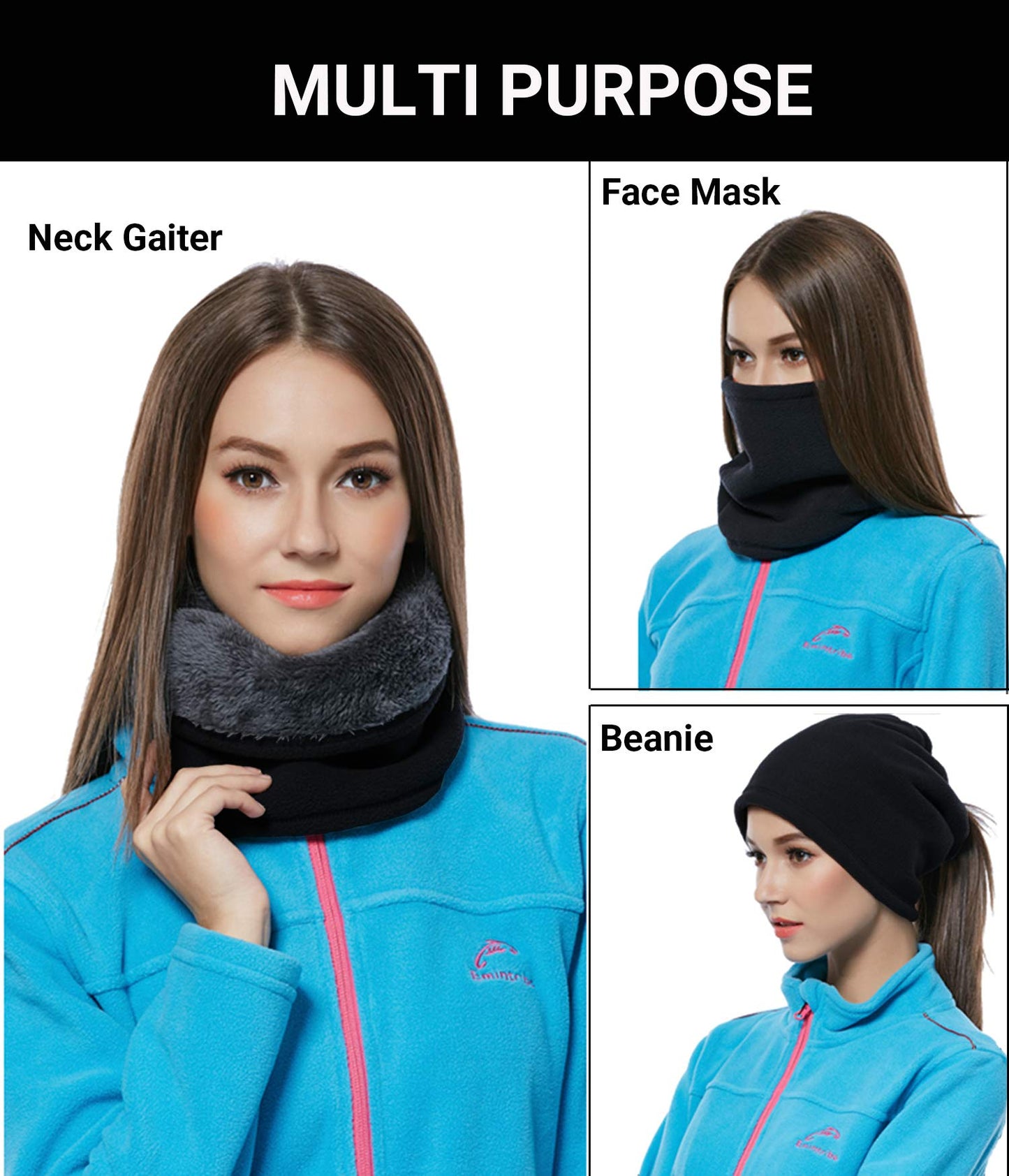 Aiphamy Winter Warm Versatile Polar Fleece Neck Gaiter Neck Warmer Face Mask Beanie Hat Thermal Snowboarding Ski Wear, Black