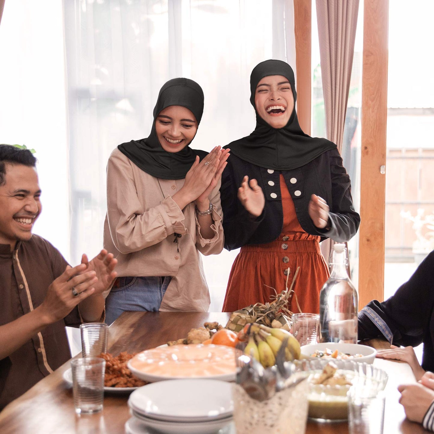 2 Pieces Modal Hijab Cap Adjustable Muslim Stretchy Turban Full Cover Shawl Cap Full Neck Coverage for Lady (Black)