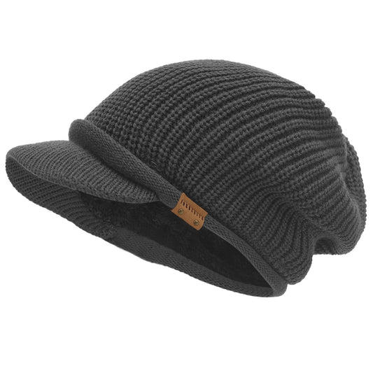 Winter Beanie with Visor - Stylish Knit Hat with Bill - Thick Brimmed Beanies with Fleece Lining Men and Women(B326-Grey)