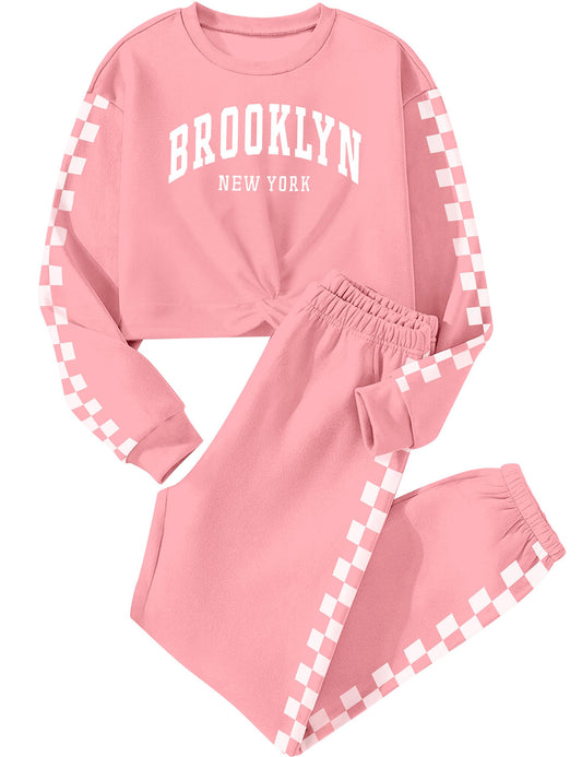 Boiltcat Girl Clothes Size 8-10 Pullover Girls' Clothing Sets Twist Front Sweatshirt and Plaid Sweatpants 2 Piece Girls Sweatsuit Fall Winter Pink 9-10 Years