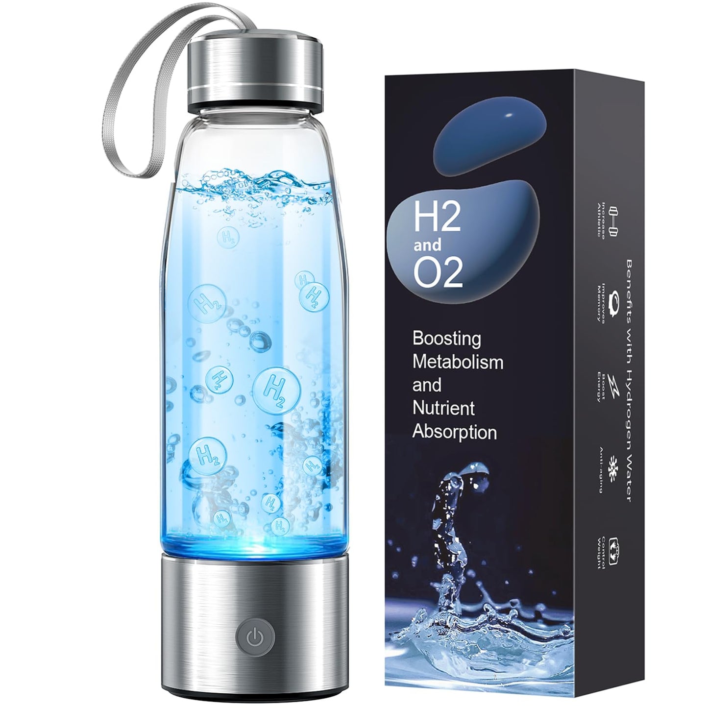 Yuloigan Hydrogen Water Bottle - SPE PEM Tech - 3Min 1500PPB Rapid Hydrogen Generator - 14oz Portable Glass Water Bottle - Long-Lasting H2 Retention - Health Gift for Husband, Wife, Friends, Travel