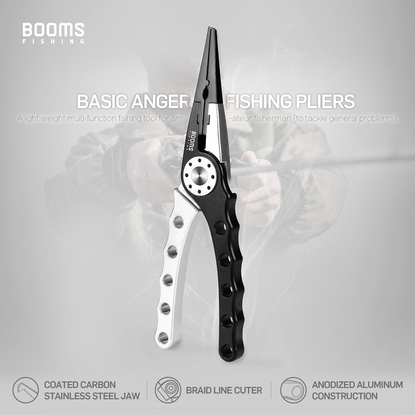 Booms Fishing X1 Fishing Pliers Aluminum, Surf Fishing Saltwater, with Coiled Lanyard and Sheath, Black