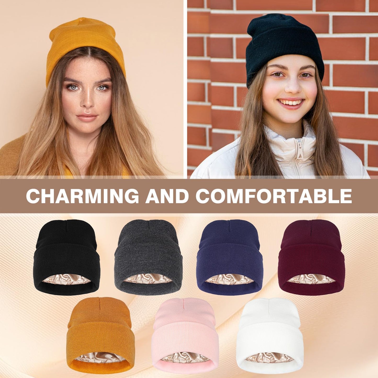 2 Pack Satin Lined Winter Beanie for Women Men Knitted Cuffed Silk Lined Skull Hat (US, Alpha, One Size, Black+Grey)