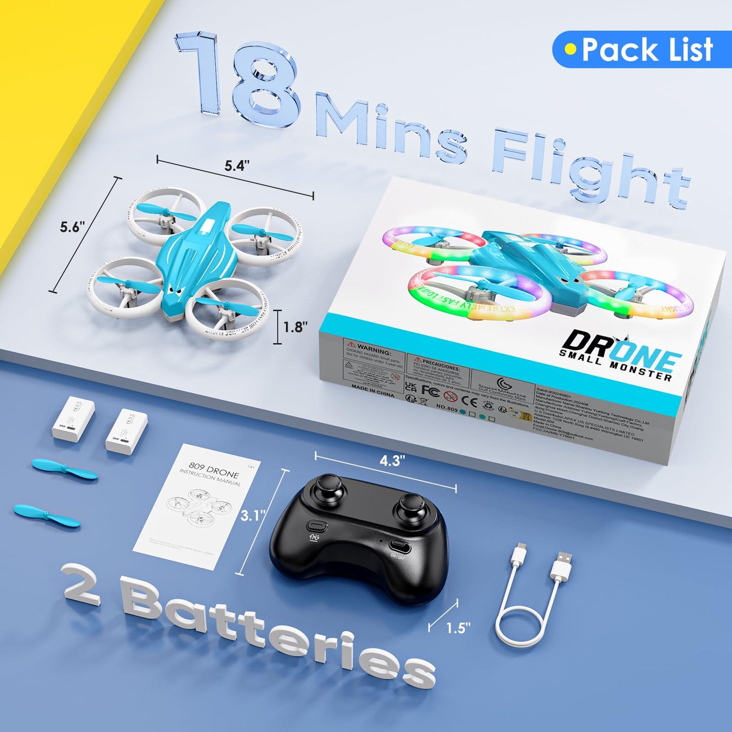 Lisoco Drone, Mini Drone for Kid and Beginner with Led Light, Small Indoor Rc Drone with 360 Flip, 2 Batteries, One Key Take Off Landing, Kids Flying Toy Gift for Boy and Girl（Light Blue)