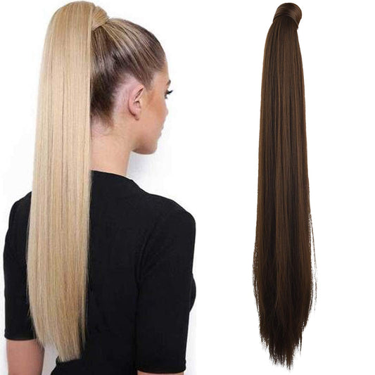 SEIKEA 28 Inch Clip in Ponytail Extension Wrap Around Long Straight Pony Tail Hair Synthetic Hairpiece for Women Dark Brown with Copper Highlights