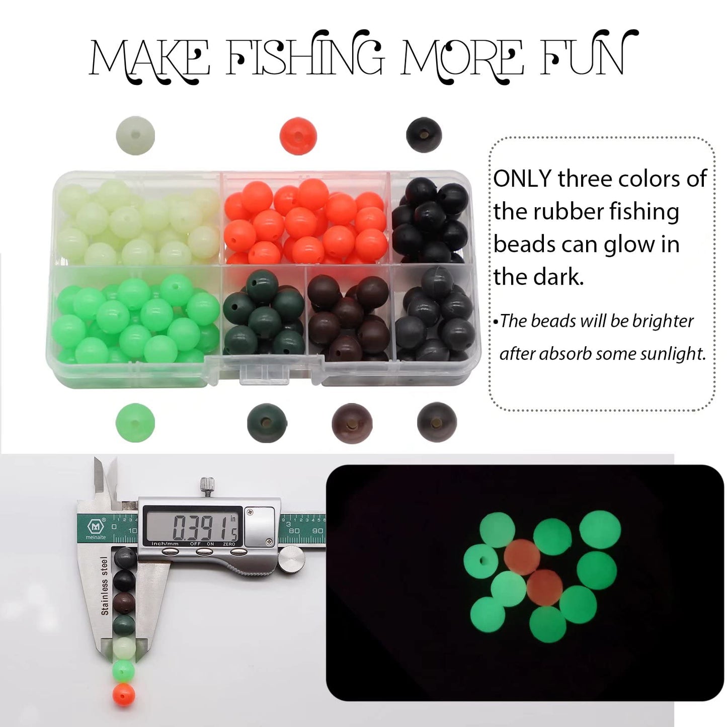 Dovesun Soft Rubber Fishing Beads Fishing Accessories Fishing Bait Eggs 7 Colors Round Fishing Beads with Fishing Tackle-Box 0.39in(120pcs)