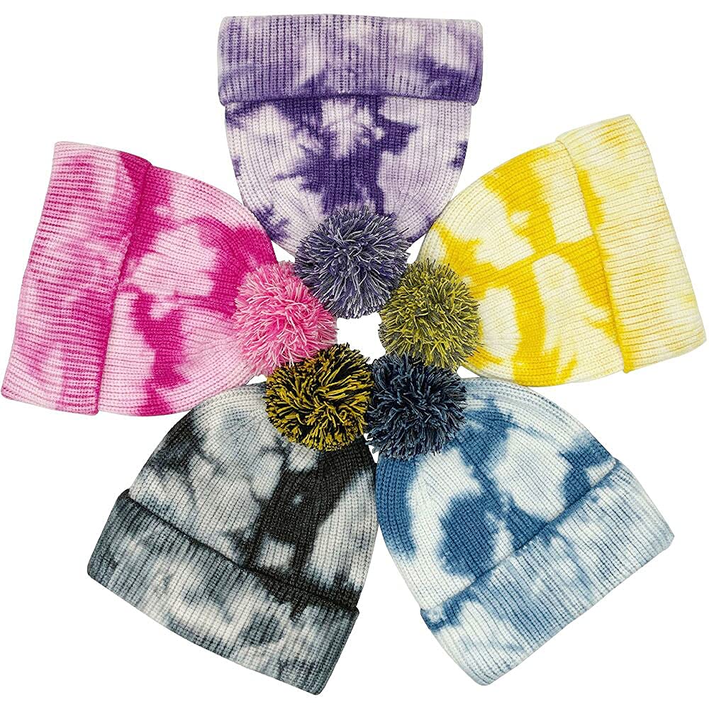 LARTIGUE Womens Tie Dye Knitted Beanie Hat Unisex Knit Skull Cap Soft Winter Warm Hat with Pom Black
