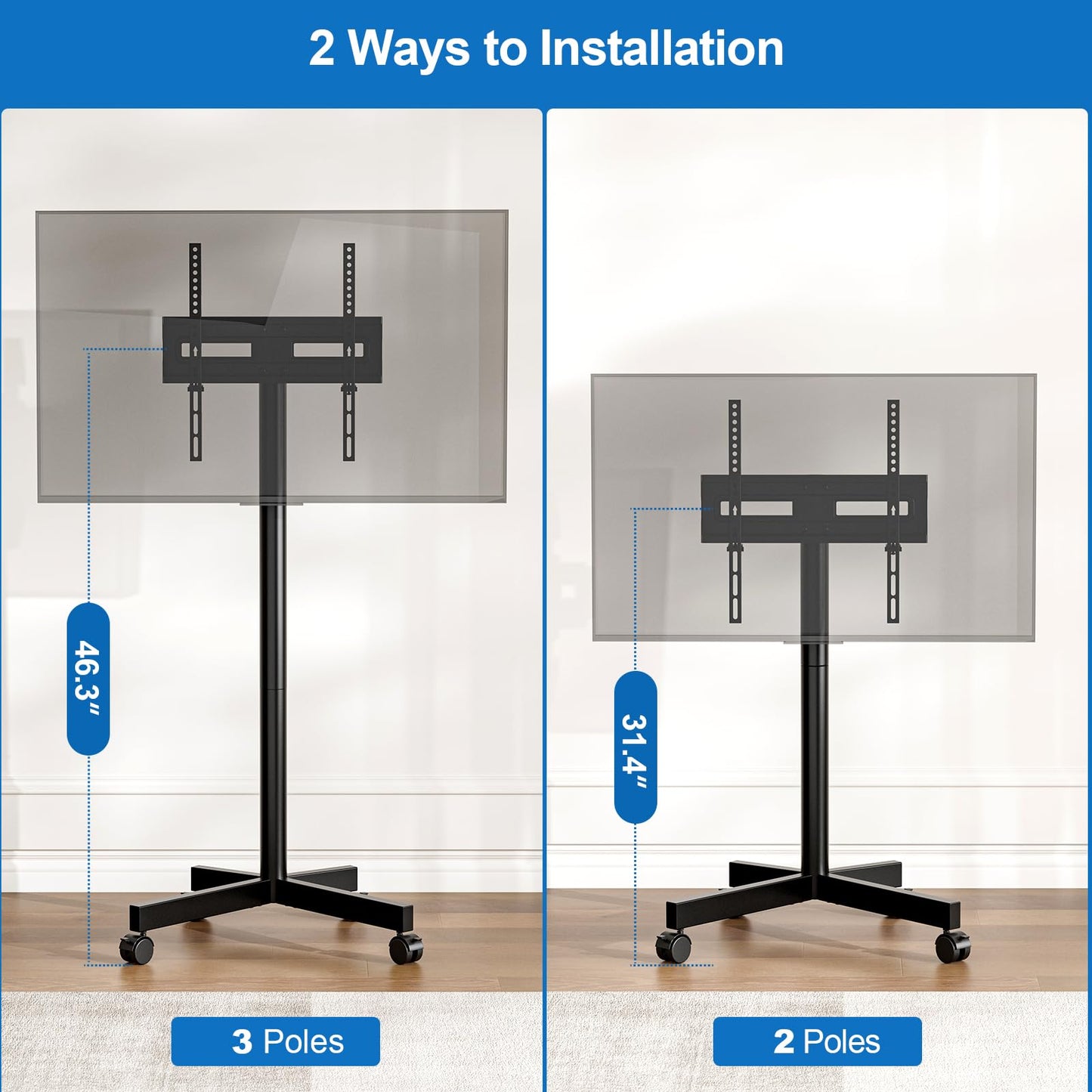 HOLMAXD Mobile TV Cart Rolling TV Stand for 23-65 Inch LCD LED OLED 4K Smart TVs up to 110lbs, Height Adjustable Portable AV Cart with Wheels and Tilt Mount, Outdoor TV Stand Mount, Max VESA 400x400mm