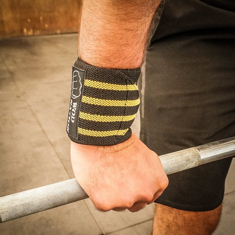 WOD Nation Wrist Wraps for Weightlifting, 18” Professional Gym Wrist Straps w/Thumb Loop for Men & Women, Wrist Support Wraps for Strength Training, Powerlifting & Bodybuilding (Black/Yellow)