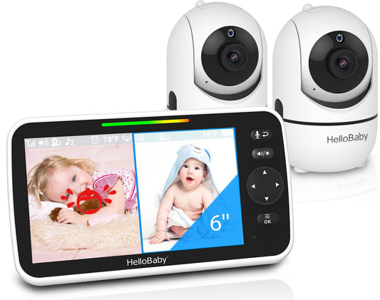 HelloBaby Baby Monitor 2 Cameras, 6'' World First IPS Split-Screen 30H Battery, No WiFi 2-Way Audio, Video, VOX, Double Cameras Pan-Tilt-Zoom, Night Vision, 8 Lullabies, 1000ft for Twins