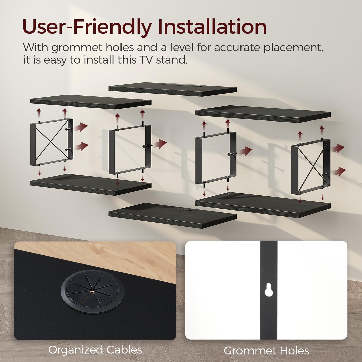 MAHANCRIS Floating TV Stand with Power Outlet, Wall-Mounted Entertainment Console Center with Storage, Floating Metal Frame TV Shelf for Under TV Storage, for Living Room, Bedroom, Black TVHB101E01