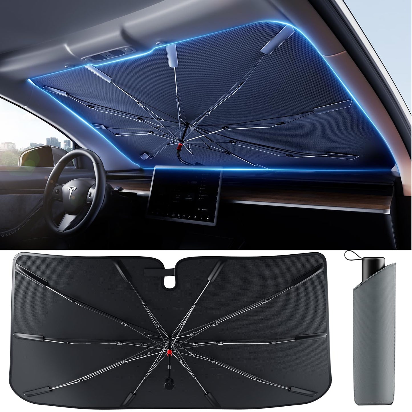 [2025 Upgrade] Weektic Windshield Sun Shade [UPF50+ Crystal Nano Reflector] Protect Car from Sun Ray Damage, Umbrella Sun Shade for Car SUV Truck Keep Cool & Comfy, Medium (56" L x 32" W)