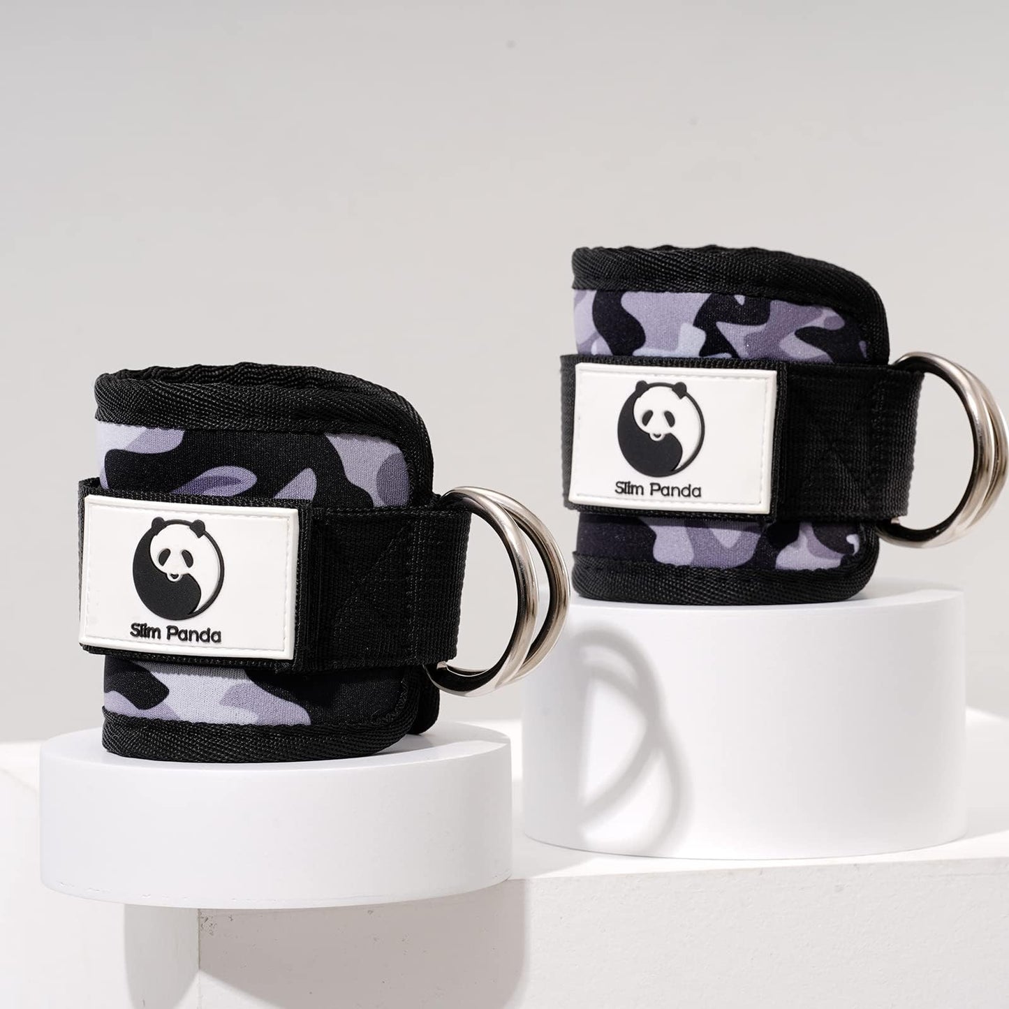 Slim Panda Ankle Strap for Cable Machine,Ankle Cuff for Kickbacks, Booty Hip Abductors,Glute Workouts, Leg Extensions, Curls for Men and Women, Adjustable with Double D-Rings (Gray camo)