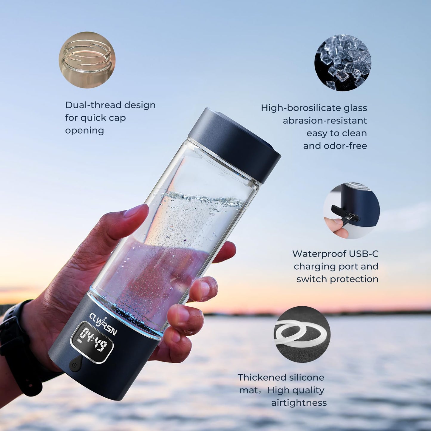 Hydrogen Water Bottle, Portable Glass Hydrogen Water Bottle Generator-SPE/PEM Technology-Athletic Performance & Hydration System, 11.5 oz Capacity，Ideal for Outdoor Home and Office Use(Blue)