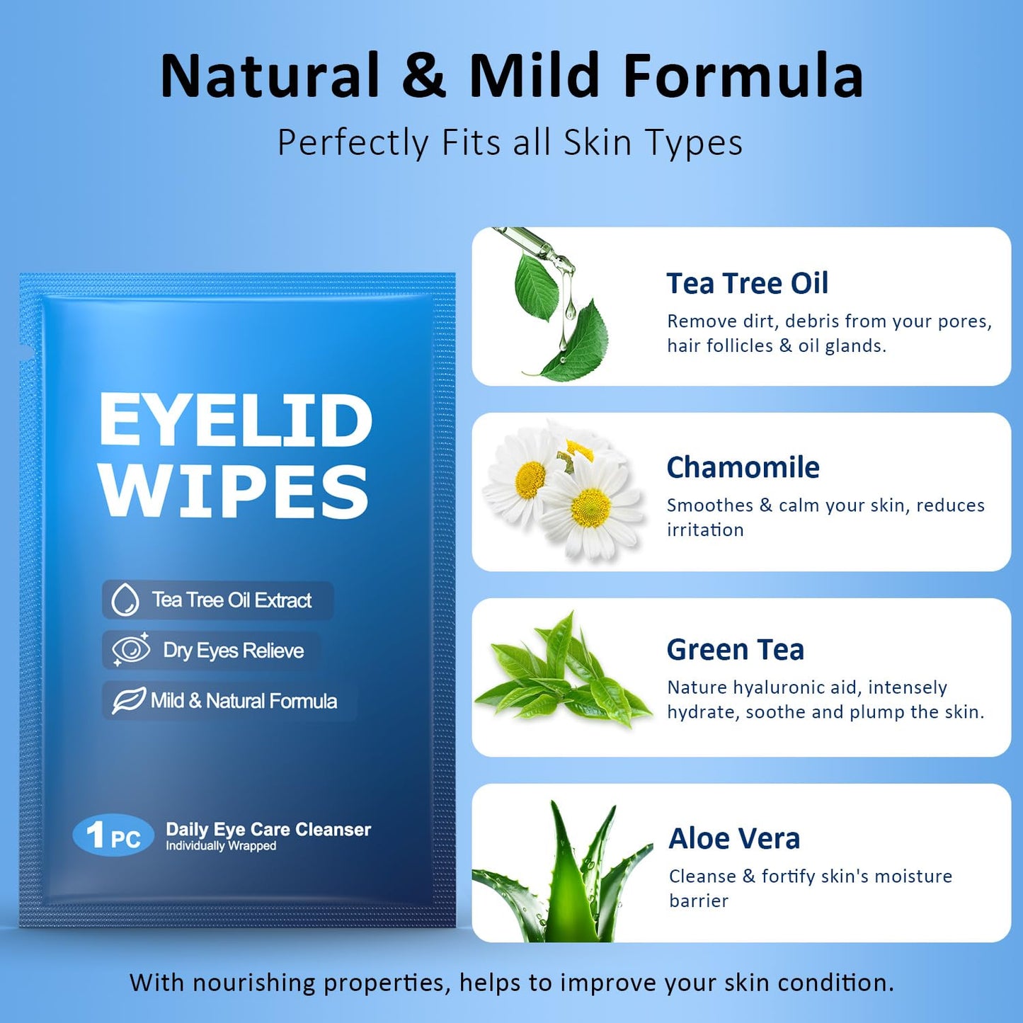 60PCs Eyelid & Lash Wipes with Hyaluronic Acid, Tea Tree Oil Eyelid Cleaser For Blepharitis, Itchy & Stye Eyes, Pre-Moistened Eyelid Wipes for Dry Eyes Relief, Daily Eye Cleanser for Sensitive Eyes