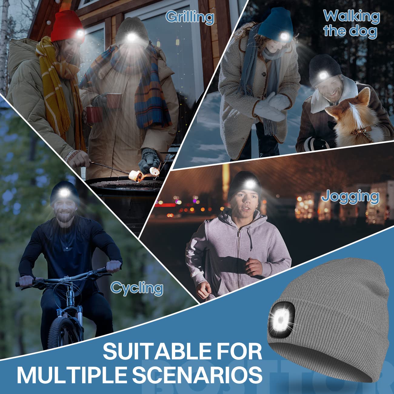 Bosttor LED Beanie Hat with Light, Rechargeable Headlamp Cap, Unisex Winter Warm Knitted Hats, Headlight Flashlight for Running Hiking Camping,Tech Gifts for Men Women Handyman Teens