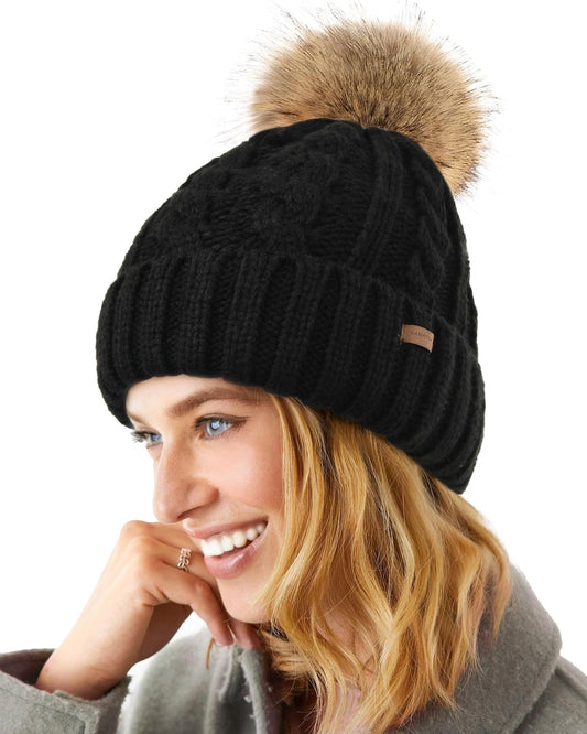 Camptrace Winter Hats for Women Chunky Knit Beanie Hat Trendy Cute Warm Skull Ski Cap Pom Pom Beanie Dark Beige