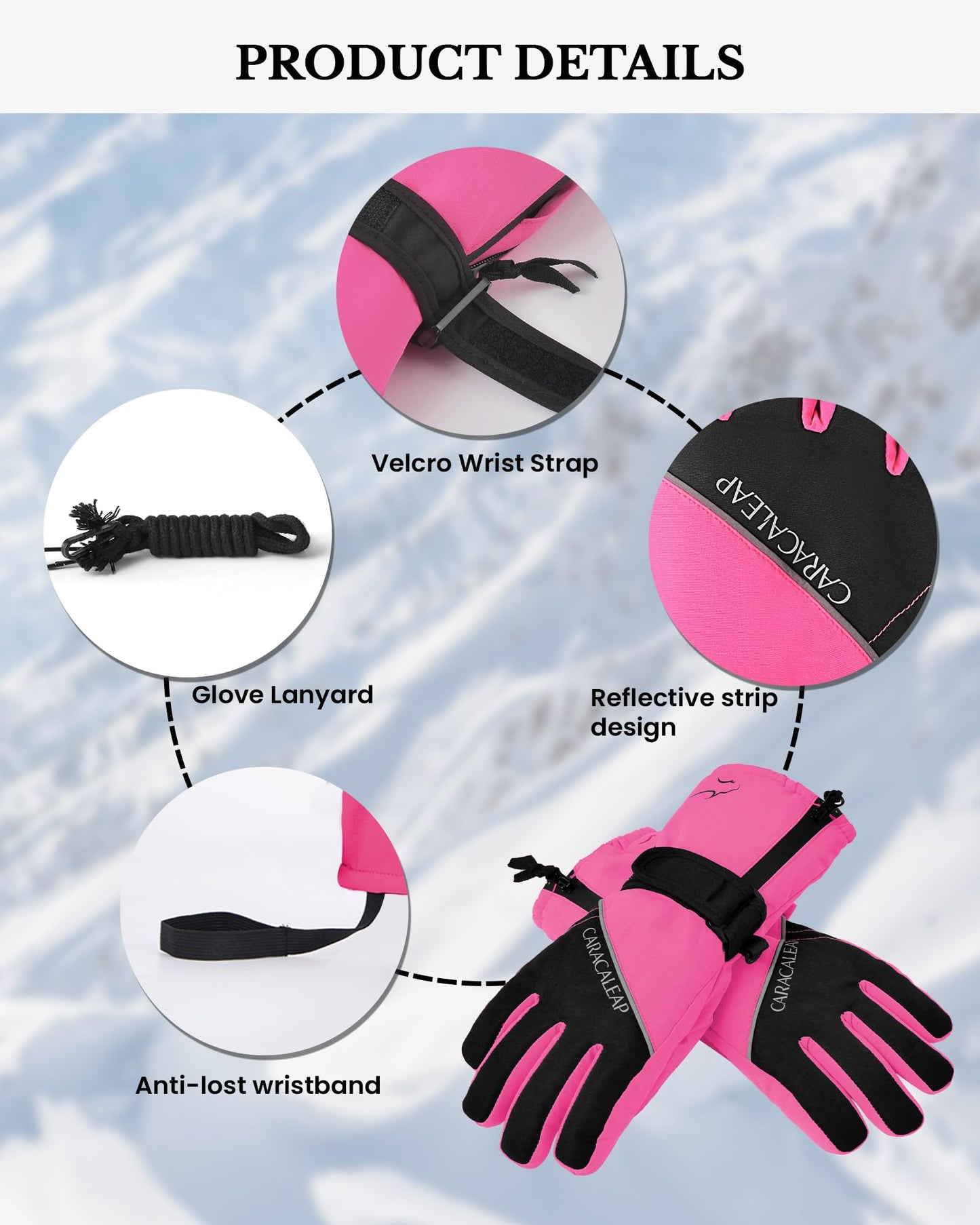 Caracaleap Snow Gloves for Kids 8-12, Kids Snow Ski Gloves Waterproof Thinsulate Warm Winter Gloves for Boys Girls 6-8 Black 10-12Y Hot Pink 10-12Y