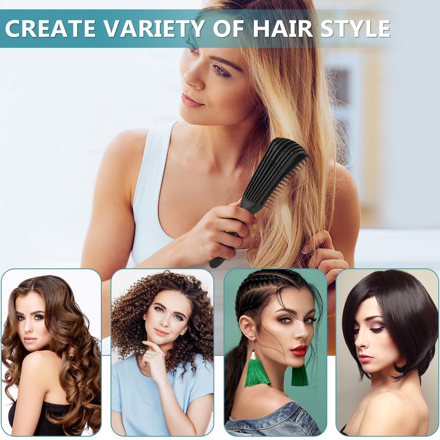 BRUSHZOO Hair Brush Set, Hair Brushes for Women Men kid Wet Dry All Hair Detangling Parting Styling, Brush Set with Detangler Brush, Edge Brush, Teasing brush, Rat Tail Comb (Black)
