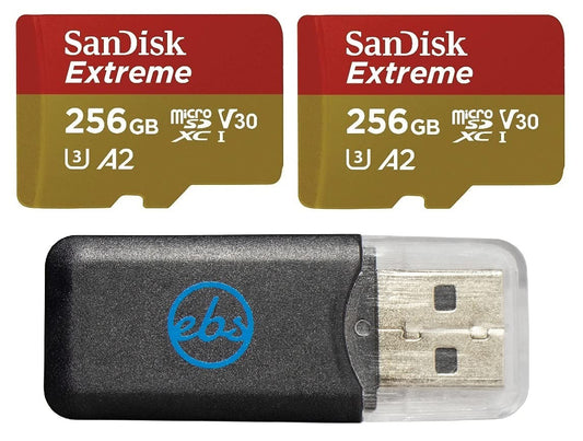 SanDisk Extreme 256GB MicroSD Memory Card (2 Pack) Works with DJI Drone Series Mini 4 Pro (SDSQXAV-256G-GN6MN) V30 A2 4K UHD UHS-I Bundle with (1) Everything But Stromboli MicroSDXC Card Reader