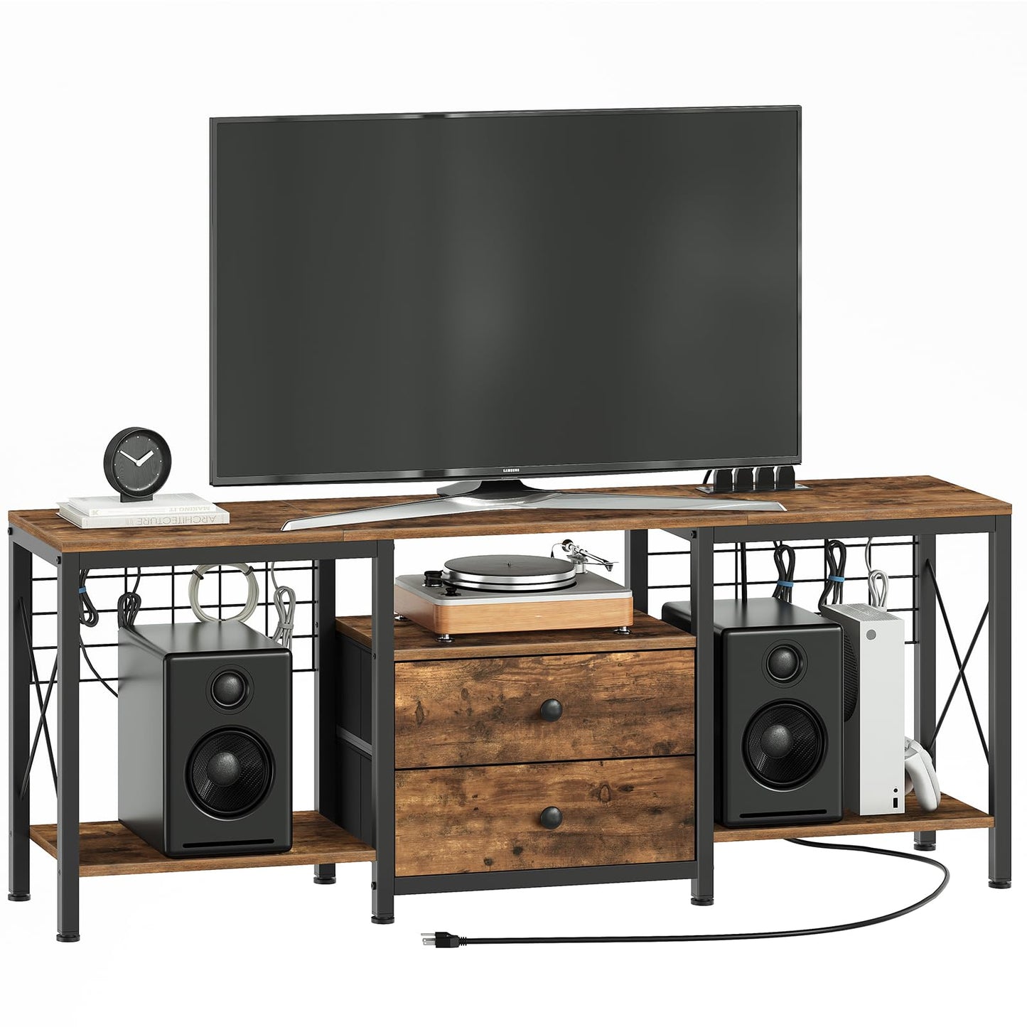 YATINEY TV Stand with Power Outlet Up to 60 Inch, Entertainment Center with 2 Fabric Drawers, TV Console Table with Open Storage Shelves for TVs, Cable Management, for Living Room, Bedroom, DS14UBRY1