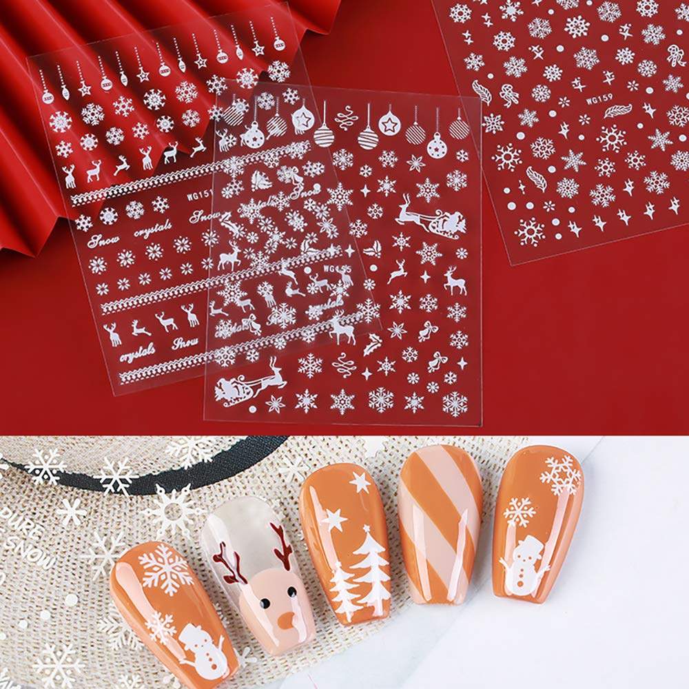 Christmas Nail Stickers - 3D White Self-Adhesive Snowflake Nail Art Decals Snowflakes Snowmen Santa Claus Elk Xmas Design Nail Stickers DIY Manicure Decorations for Women Girls Kids