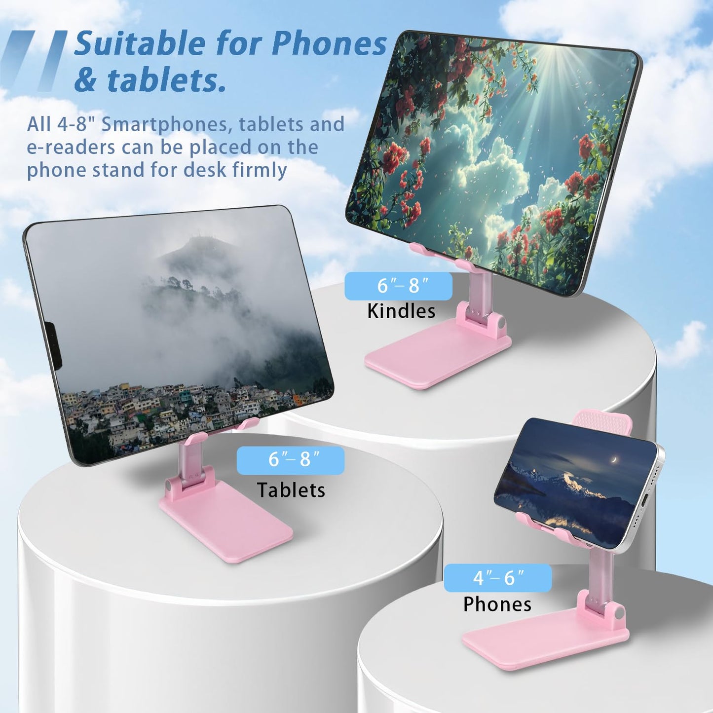 HZZADZXW Cell Phone Stand, Angle Height Adjustable Cell Phone Holder for Desk, Fully Foldable with Silicone Pad, Compatible with iPhone and All Mobile Phones Tablet, Sturdy Weighted Base (Pink)