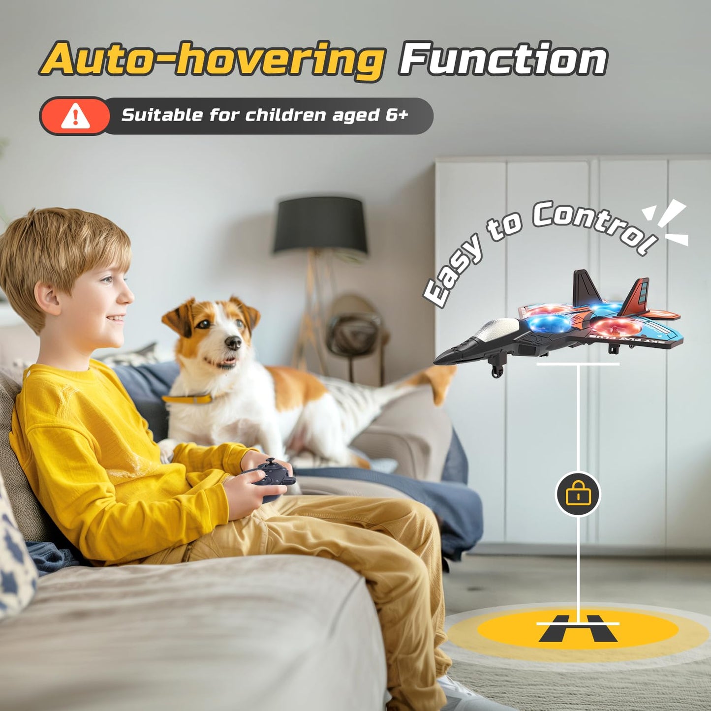 Foam Drone for Kids – RC Fighter Jet with Lights, Auto Hover, 360° Flip, 2 Batteries, Easy-to-Fly Remote Control Airplane Toy for Beginners (16 Mins Flight)