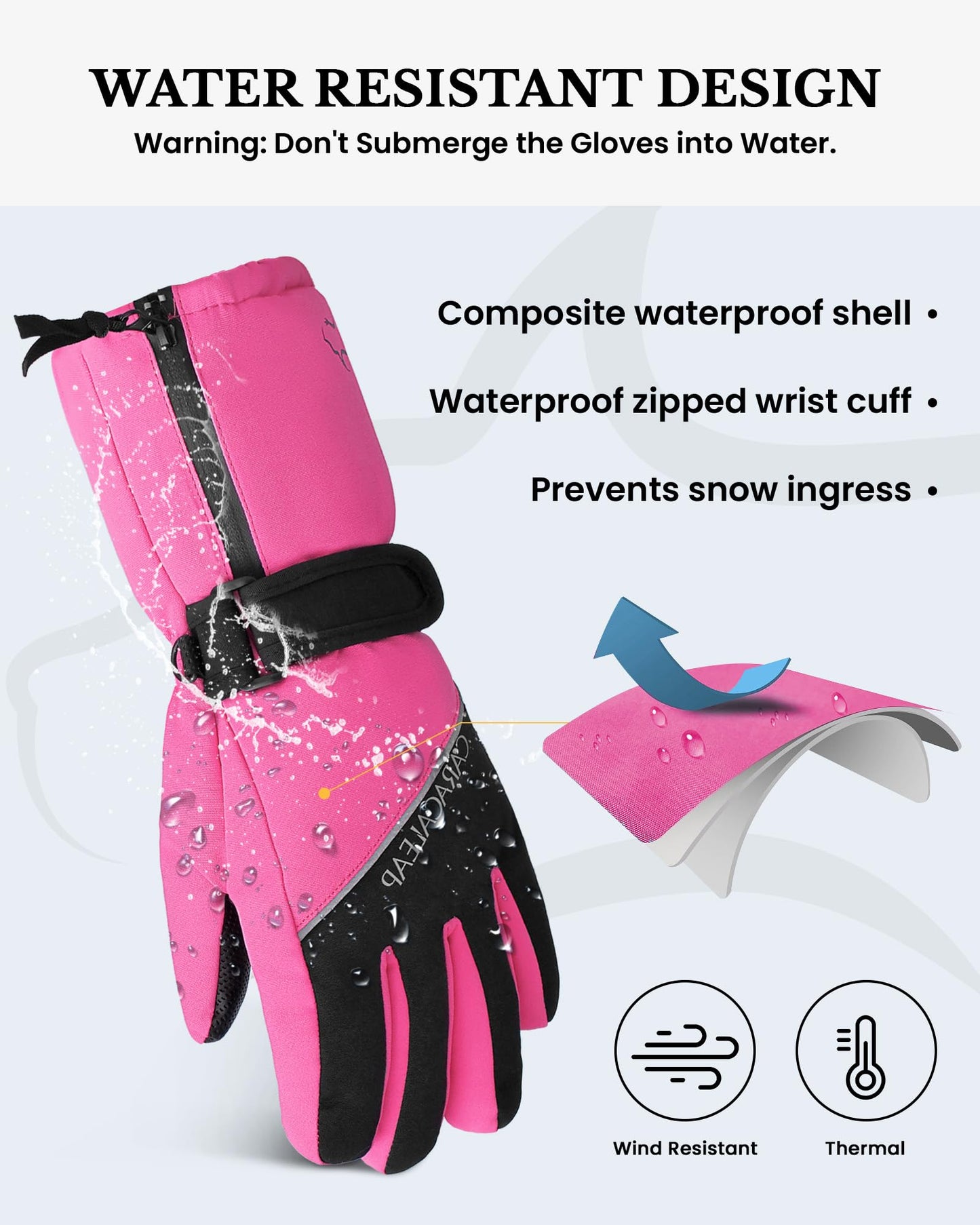 Caracaleap Snow Gloves for Kids 8-12, Kids Snow Ski Gloves Waterproof Thinsulate Warm Winter Gloves for Boys Girls 6-8 Black 10-12Y Hot Pink 10-12Y