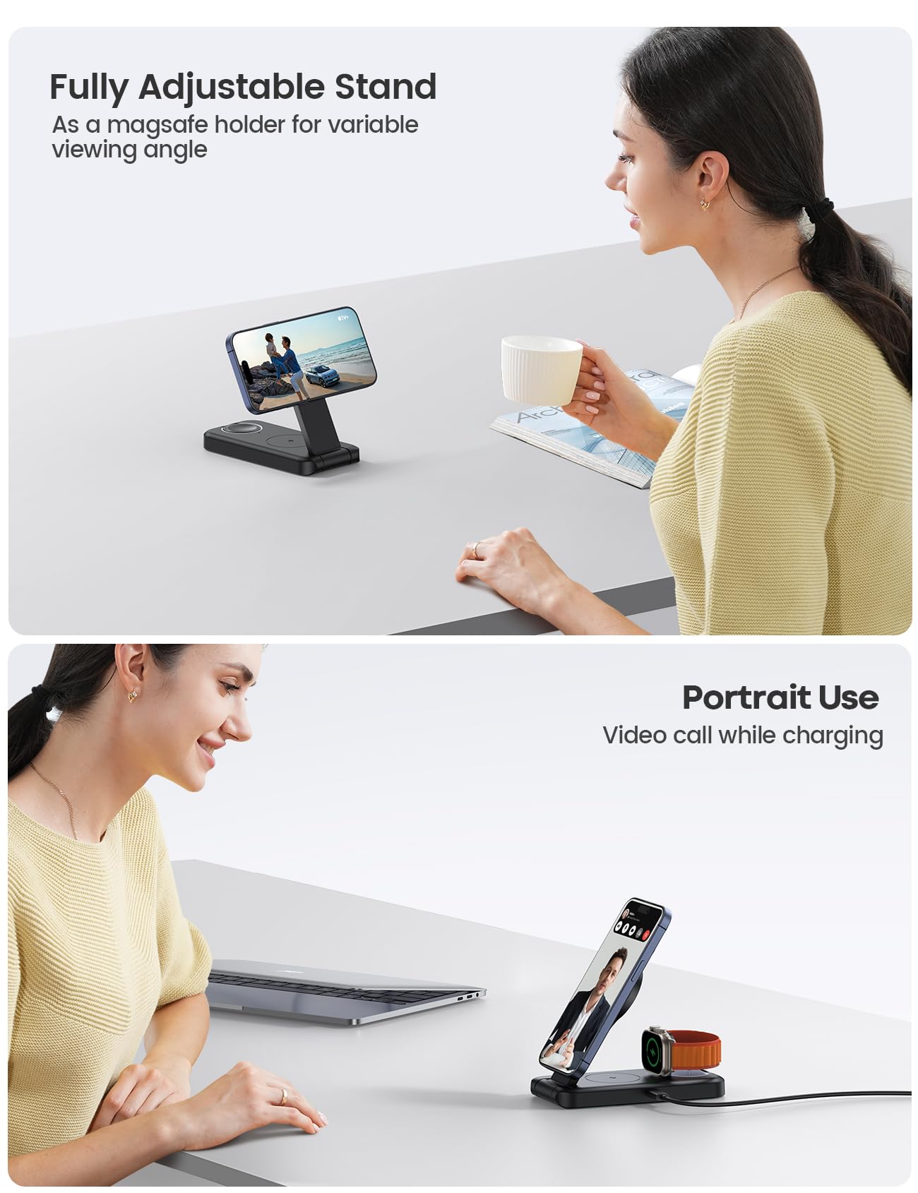 Lamicall 3 in 1 Charging Station for Apple, for Magsafe - Magnetic Foldable Wireless Charger Stand, Fast Charging Station for iPhone 16/15/14/13/Pro/Pro Max Apple Watch, AirPods, Foldable Travel Use