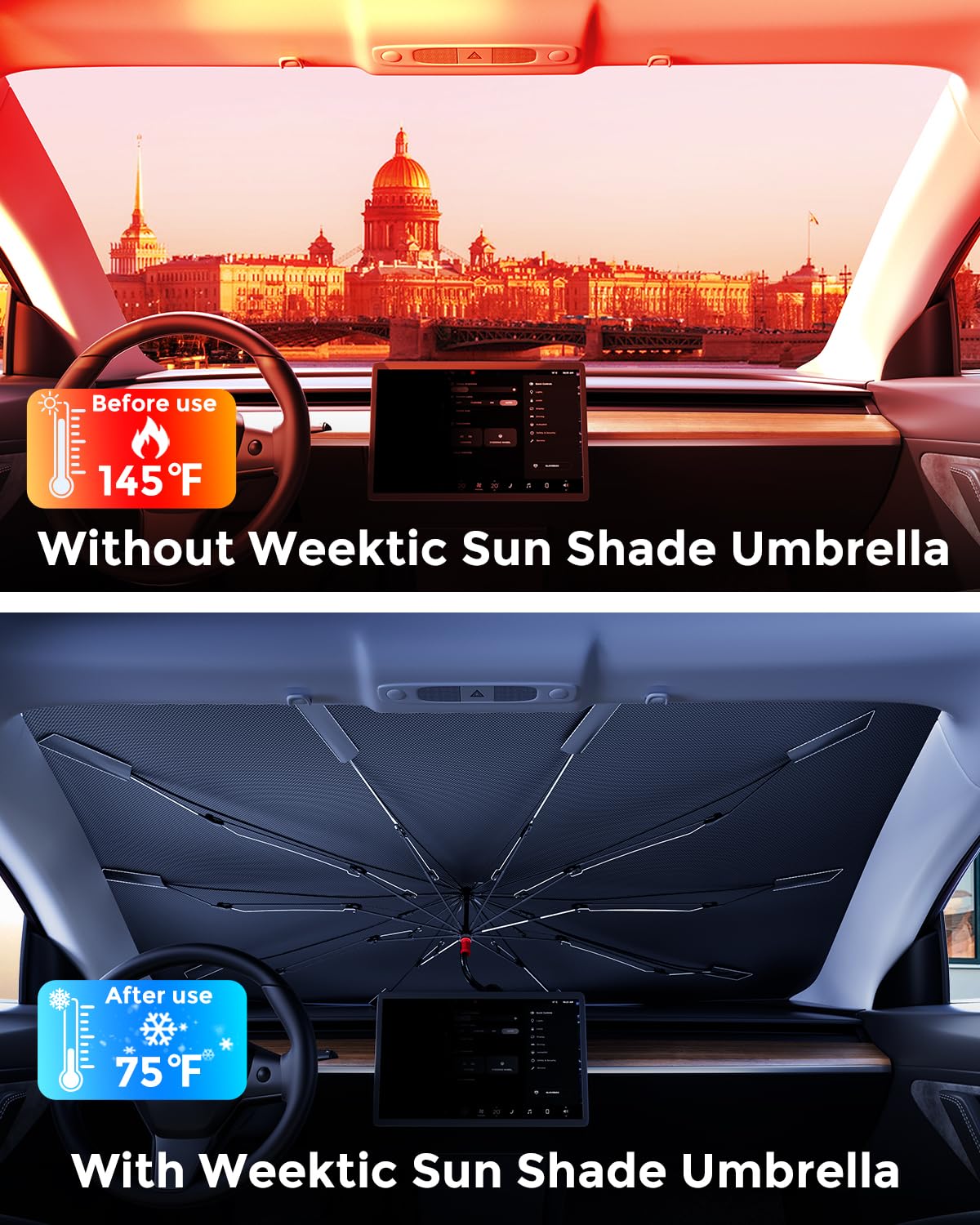[2025 Upgrade] Weektic Windshield Sun Shade [UPF50+ Crystal Nano Reflector] Protect Car from Sun Ray Damage, Umbrella Sun Shade for Car SUV Truck Keep Cool & Comfy, Medium (56" L x 32" W)