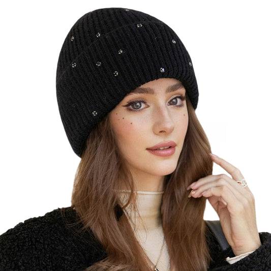 Caviotess Warm Wool Beanie Hats for Women Girls Sparkly Rhinestones Winter Hat Fluffy Knitted Skull Cap Black
