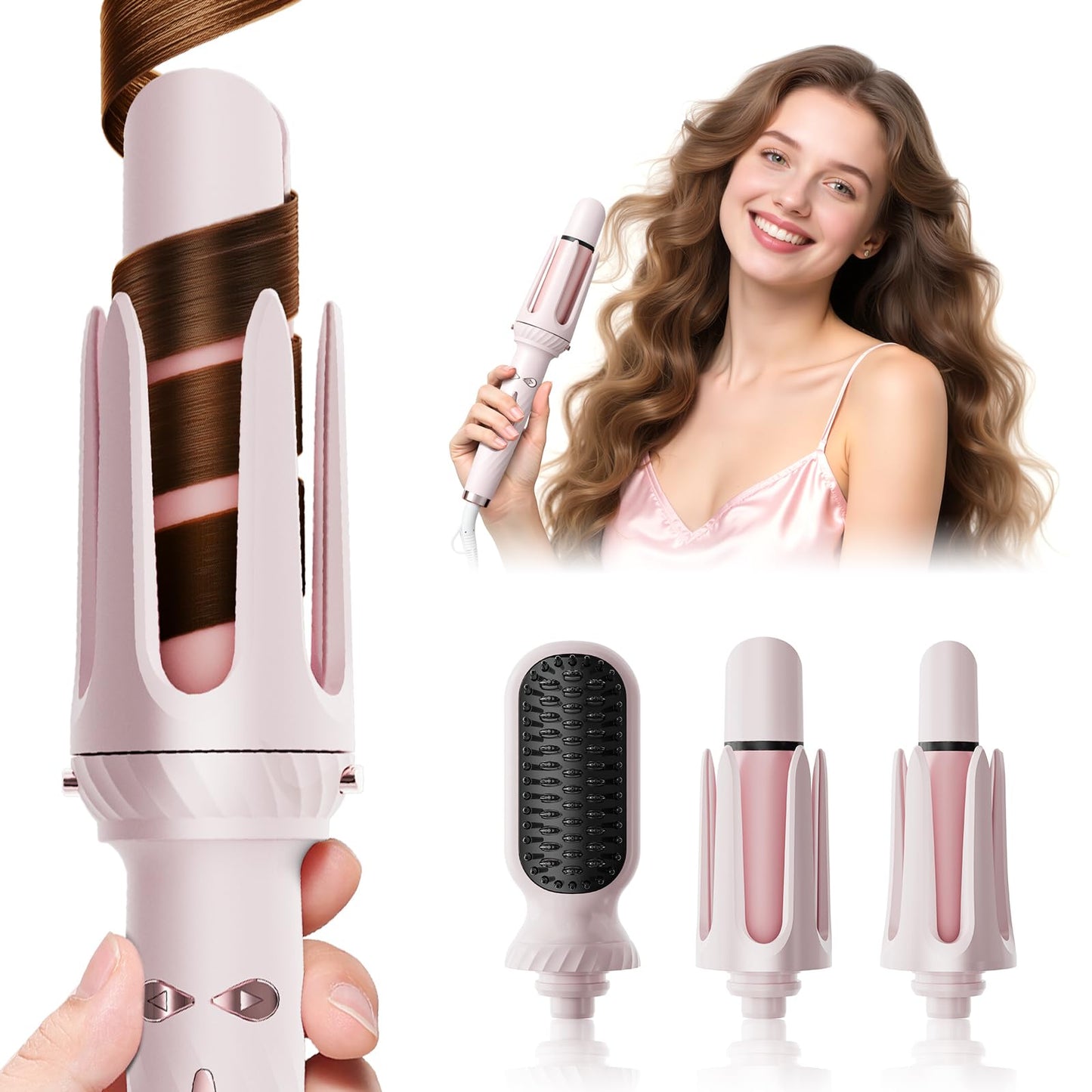 Wollea Automatic Curling Iron, Beach Wave Curling Wand, Portable Rotating Curler, Dual Voltage, Lightweight and Portable, Ceramic Coated, Straightening Brush, 1inch and 1.25 inch 3-in-1, Pink