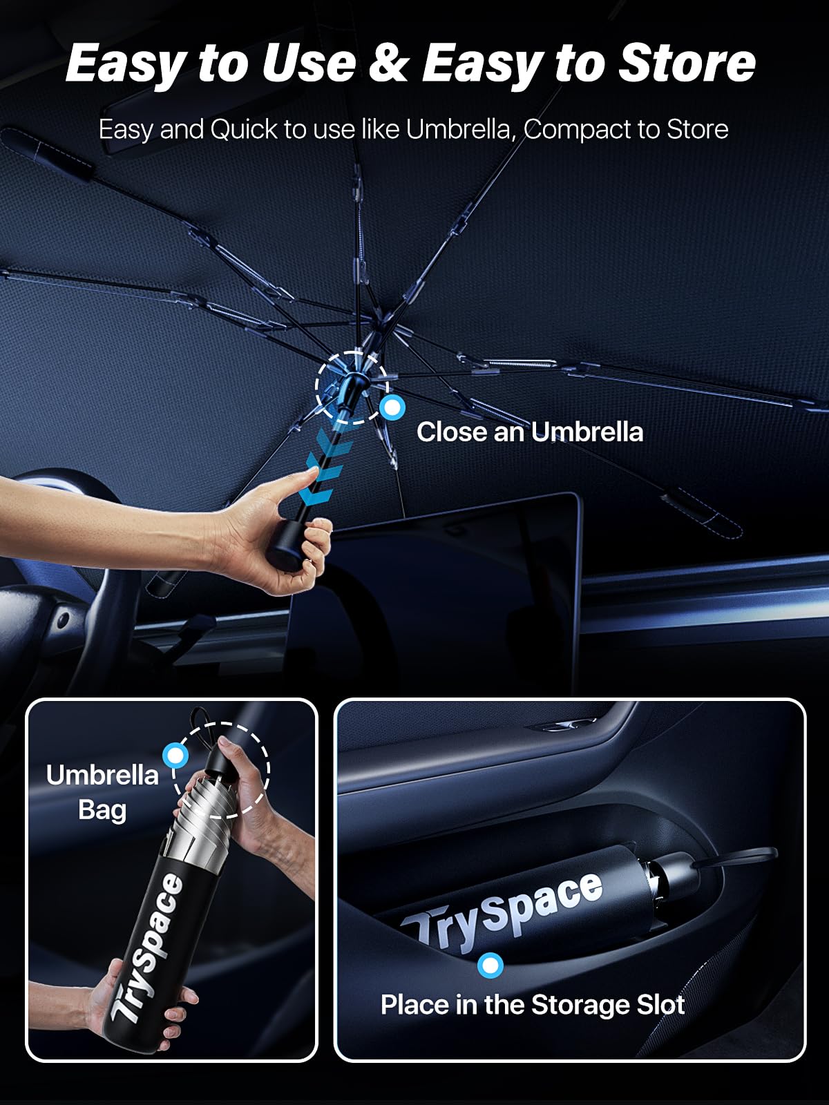 [2025 Upgrade] TrySpace Car Windshield Sun Shade Umbrella - [Silver Heat Shield & UV Reflective] Protector for Cars, Universal Fit Medium (56"x31") | 25°F Cooler, Friendly Vinyl Coatings Medium