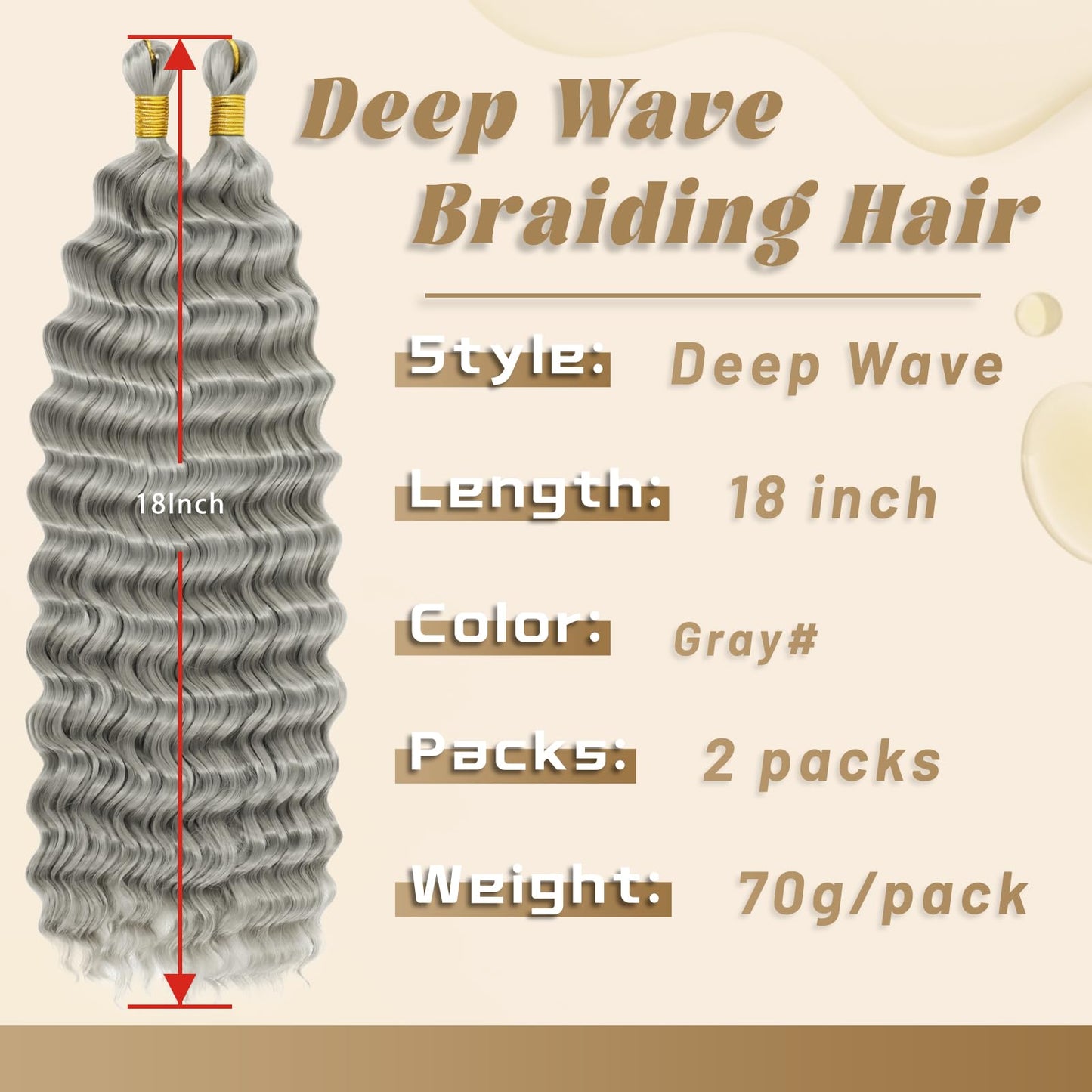 Eerya Long Curly Braiding Hair 18 Inch 2 Packs Grey Ocean Wave Crochet Hair for Black Women Deep Wave Braiding Hair for Boho Braids (18 inch, Grey)