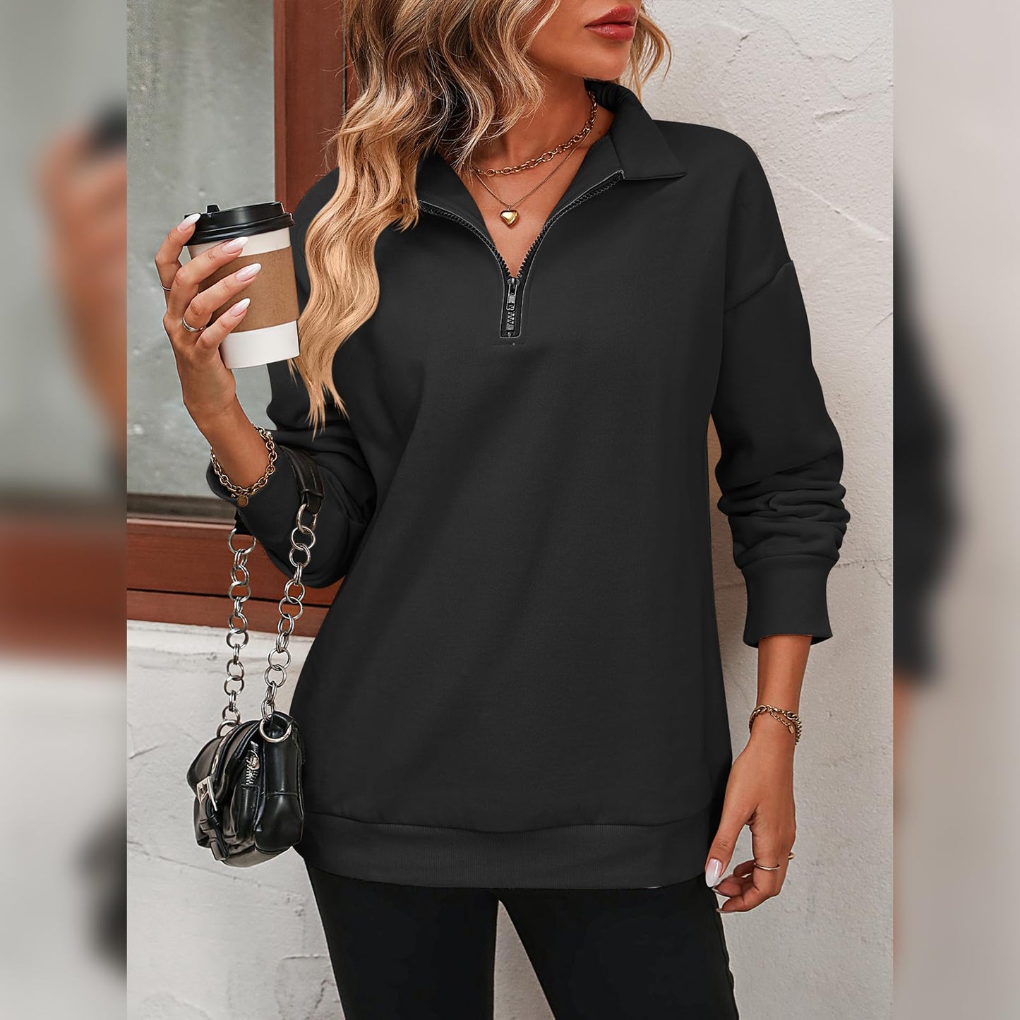 OBEEII Half Zip Sweatshirts for Women, Quarter Zip Long Sleeve Oversized Hoodies Sweaters Fleece Cropped Pullover Top for Teen Girl Y2K Fall Winter Clothes Black XXL