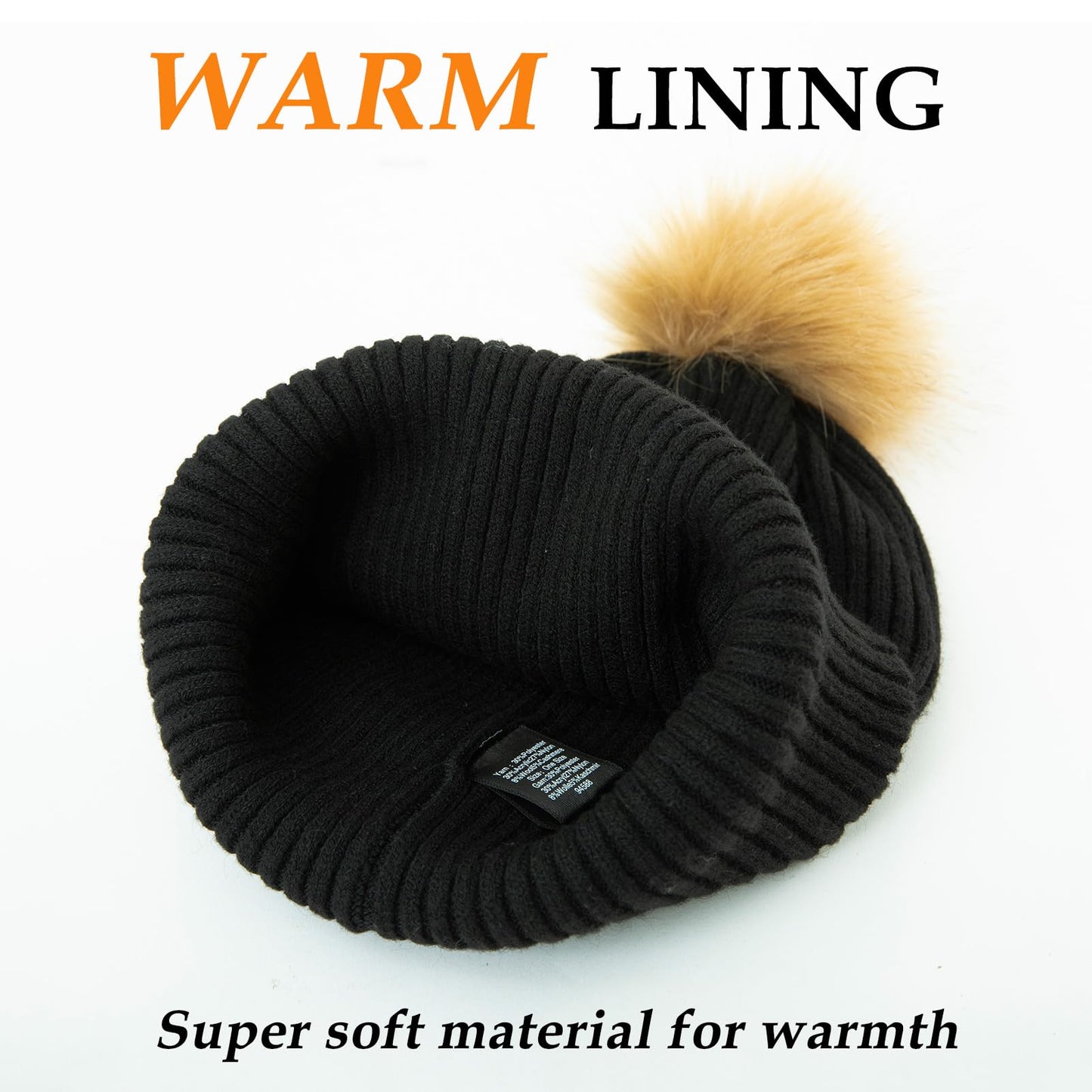 TOP-EX M/L/XL Women Winter Beanie Pom Hat Warmer Wool Cashmere Knitted Cap Double Layer Hat Cold Weather Snow Hat with Faux Fur Pompom Black