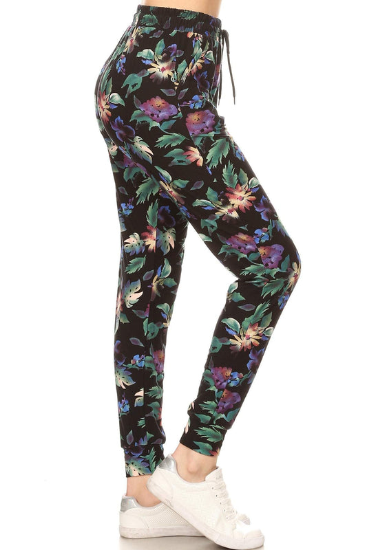 Leggings Depot JGA-R509-M Rainforest Flower Print Jogger Pants w/Pockets, Medium