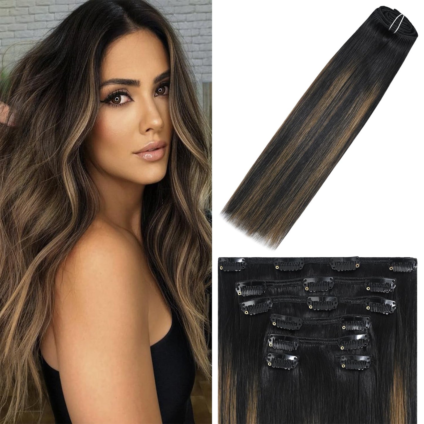 WindTouch Clip in Hair Extensions Human Hair Balayage Natural Black to Chestnut Brown Highlights for Black Hair 12Inch 75g #1BT6P1B 7PCS