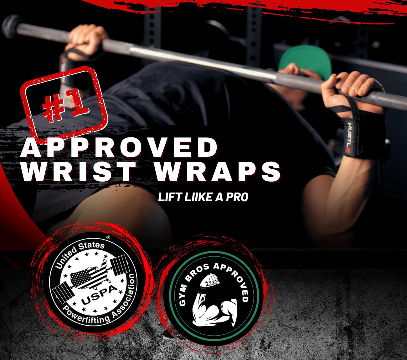 Hustle Athletics Wrist Wraps - Best Weightlifting Support (Professional Competition Grade Wrap) - Brace Your Wrists to Push Heavy, Avoid Injury & Improve Your Workout - for Men & Women