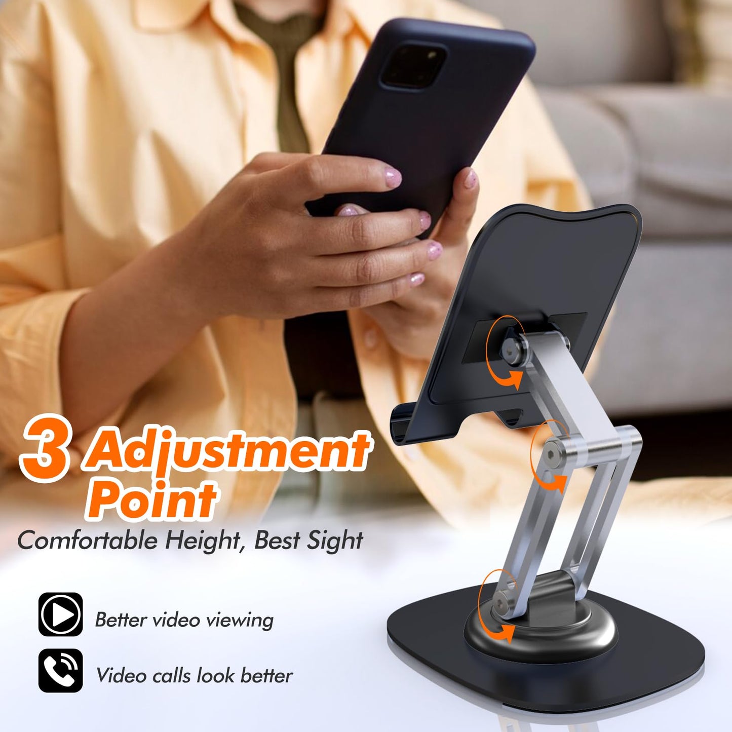 ZTGYGY Cell Phone Stand for Desk, Adjustable Foldable Desktop Phone Holder, 360 Degree Rotating Phone Stand for Recording Compatible with iPhone 16 15 14 13 12 11 Pro, Black