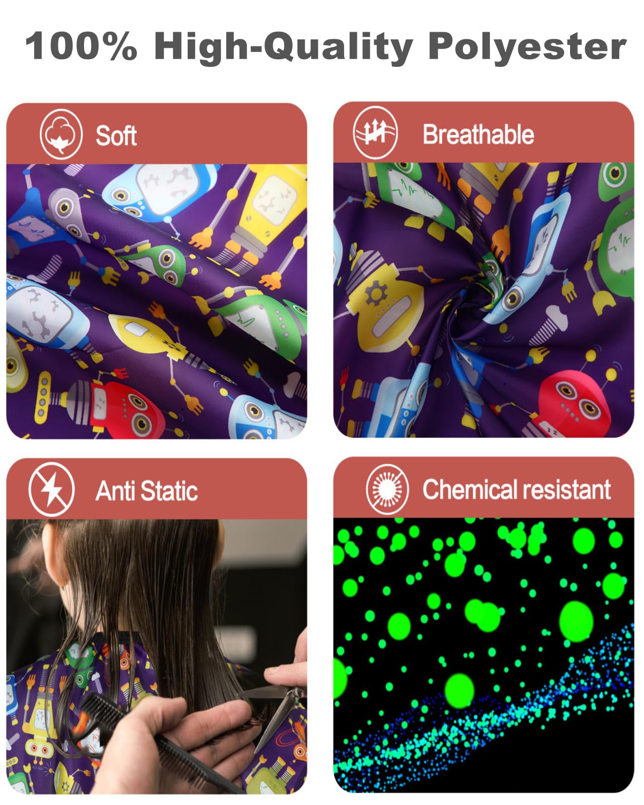 Kids Barber Cape with Neck Duster Brush, Professional Salon Hair Cutting Cape with Adjustable Snap Closure(Cartoon Robot)