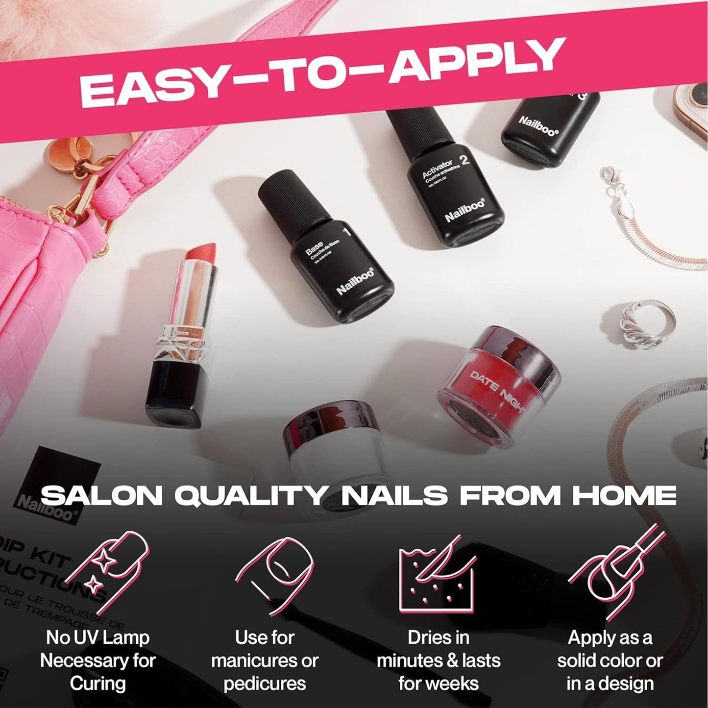 Nailboo Date Night Premium Dip Nails Starter Kit, Nail Powder Dip Kit for DIY At Home Manicure, Includes Dipping Powder and Liquids, Red