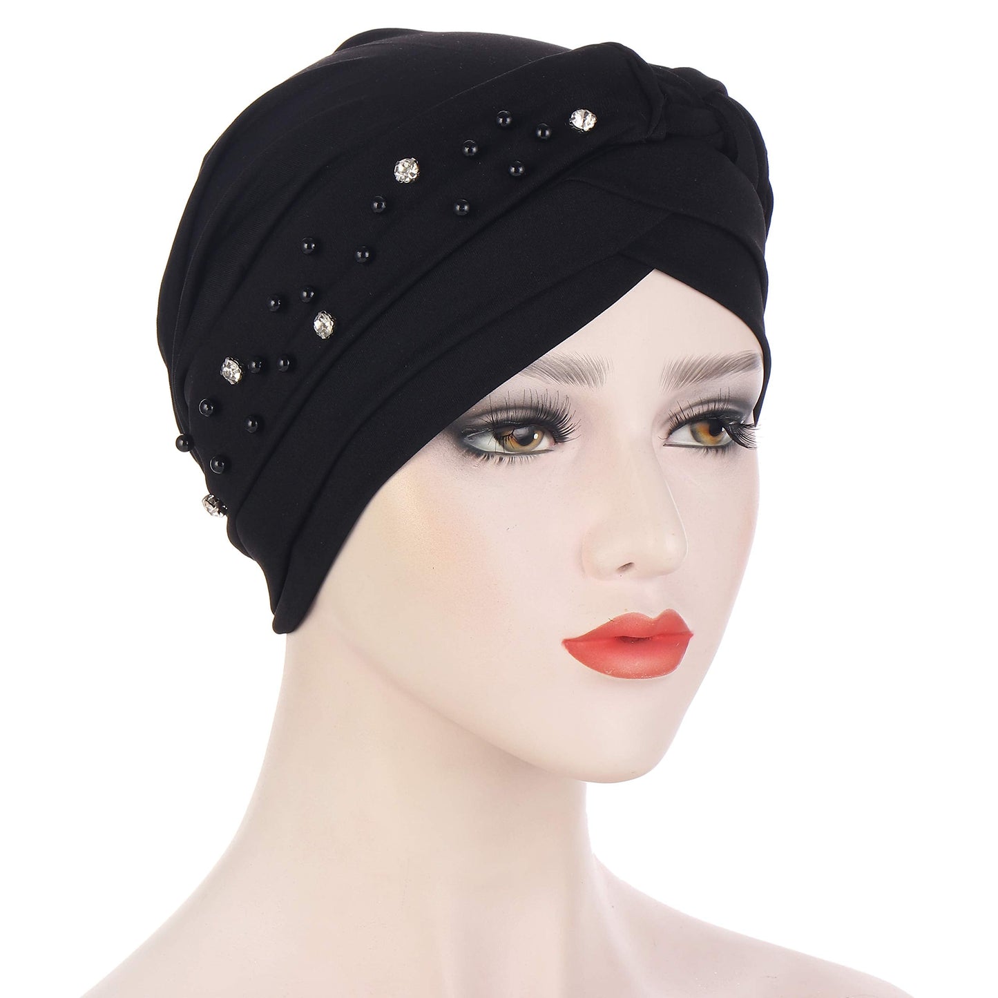 beauty YFJH Women Hijab Beading Pre-Tied Twisted Braid Turban Hat Head Scarf Cancer Chemo Beanies Headwear Headwrap Cap (Black)