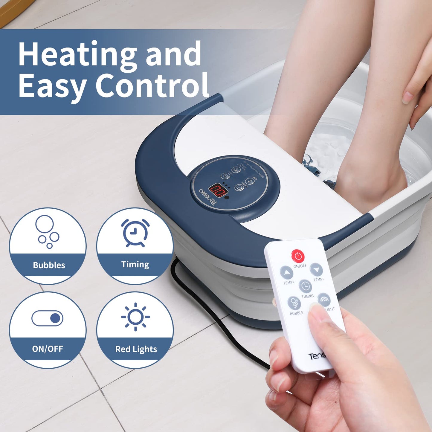 Tenswa Collapsible Foot Spa Bath Massager with Heat, Bubbles, Pedicure Foot Spa with 8 Rollers, Tub for Stress Relief, Soaker with Mini Acupressure Massage Points & Temperature Control