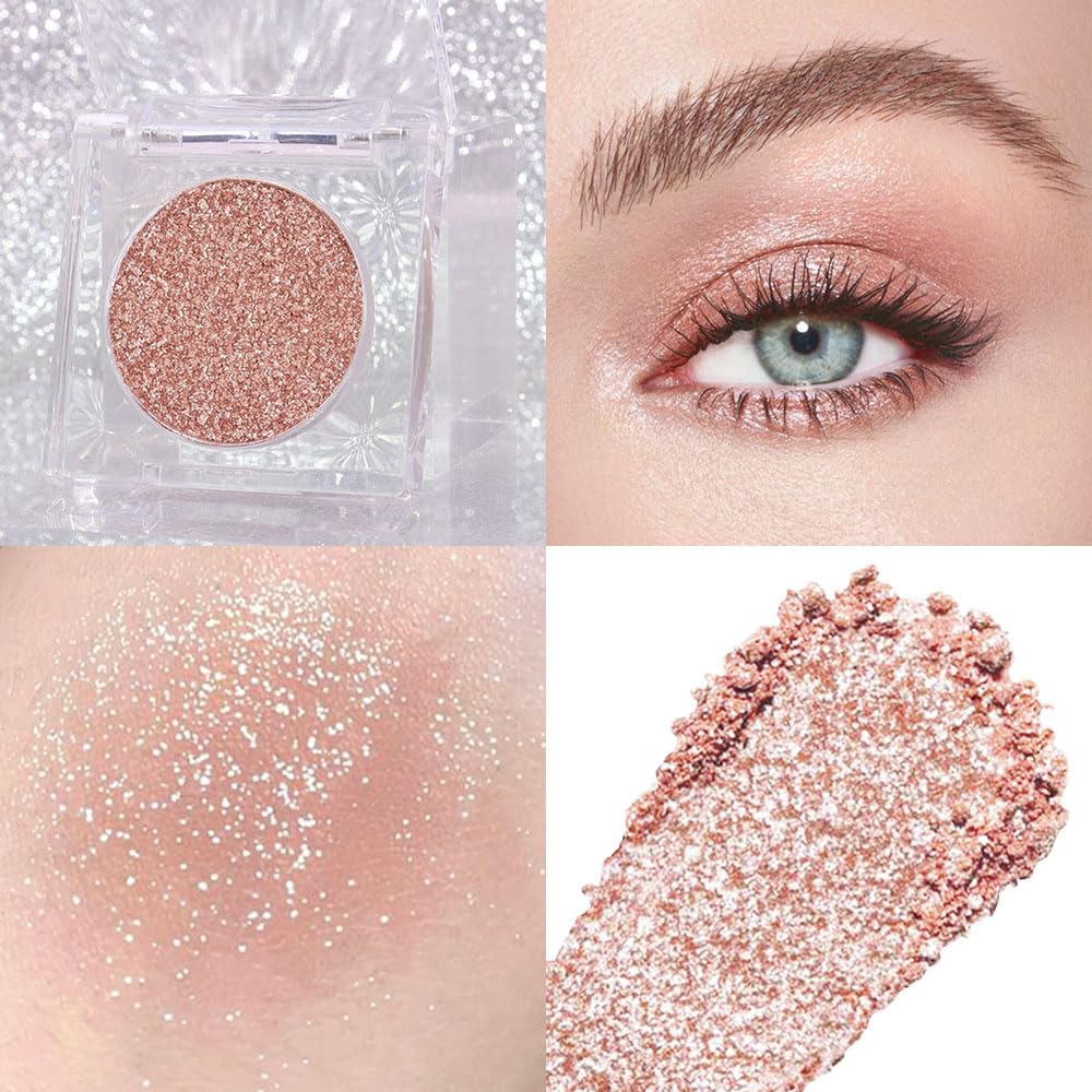 Single Rose Gold Brown Glitter Shimmer Eyeshadow,Bright High Pigment Intense Monochrome Eye Shadow,Buildable Sparkly Eye Glitter Shimmer Finish,24 Hour Eye Makeup Longwear Waterproof,Blendable