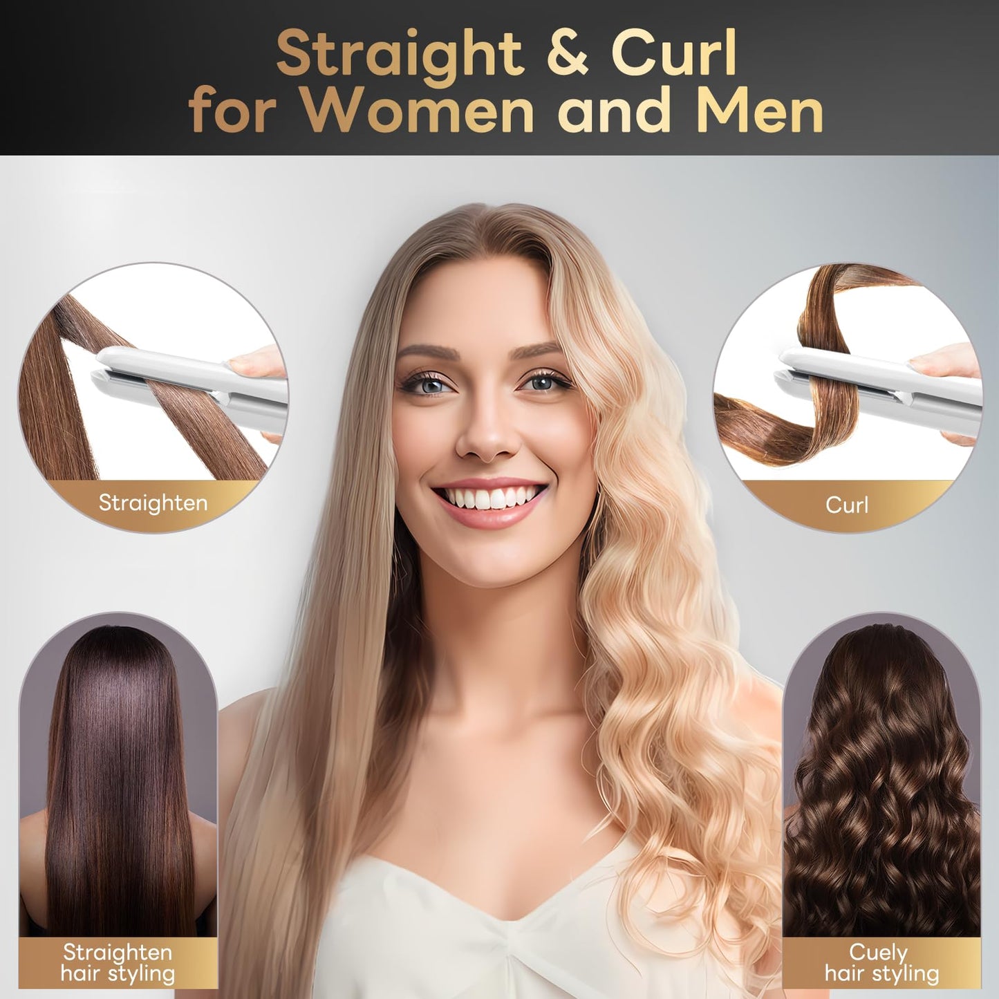 Cordless Hair Straightener and Curler 2 in 1 Ceramic Flat Iron Mini Cordless Portable Travel Hot Tools Straight Curl for Women Men USB Rechargeable with Pouch (White)