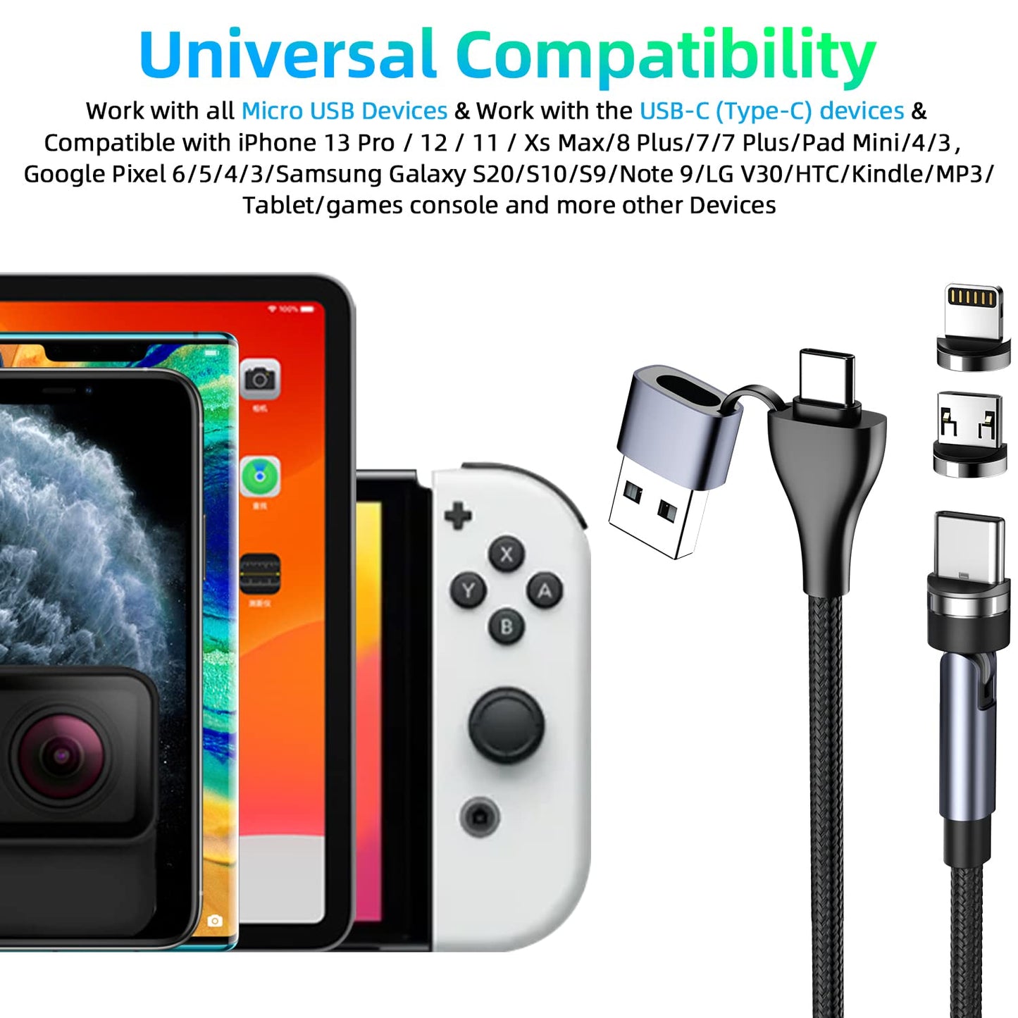 Ankndo 5-in-1 Magnetic Charging Cable, 540° Rotation Magnetic Phone Charger [4-Pack, 3ft/3ft/6ft/10ft] USB A/Type C Fast Charging Cable for iPhone/Micro USB/USB C Devices