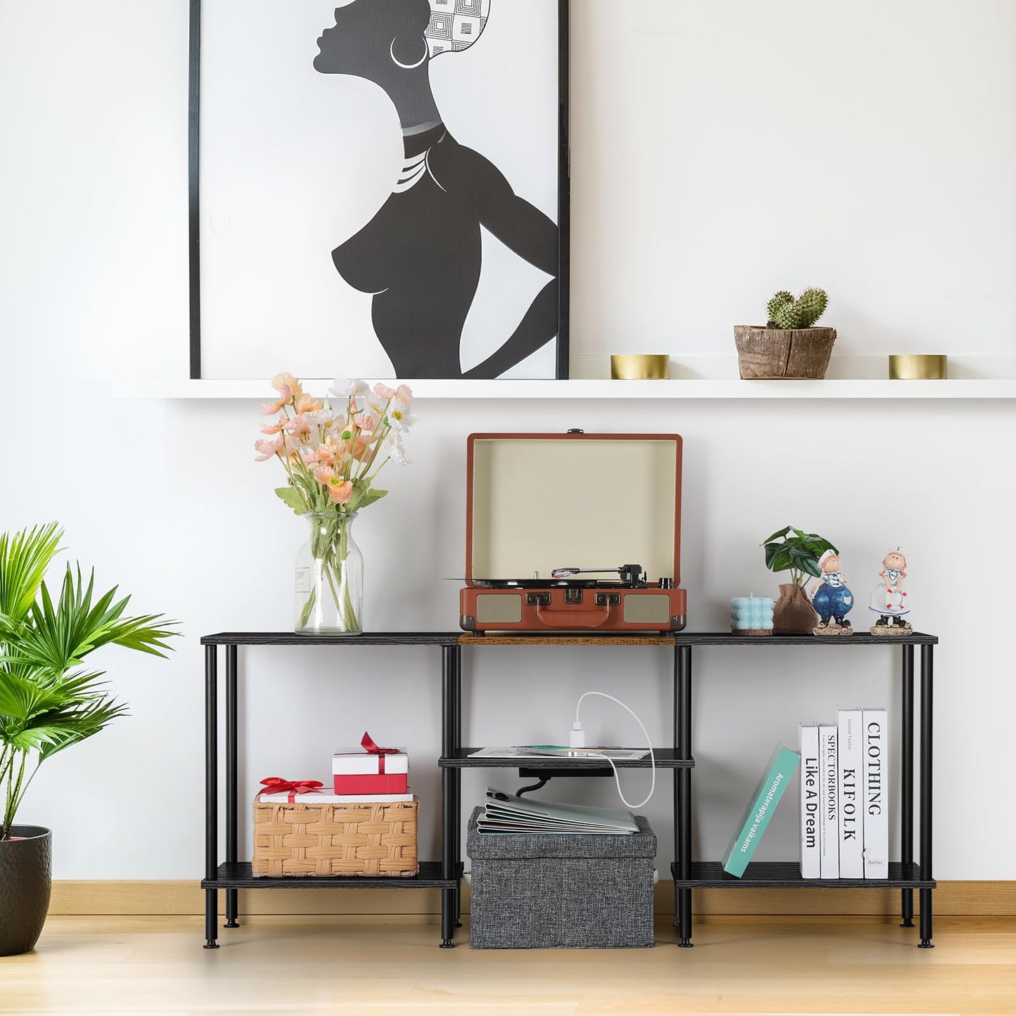 OYEAL Black Bedroom TV Stand with Power Outlets up to 50 inch TV, Small Entertainment Center Stand with Storage Modern Media TV Console Table for Living Room Bedroom