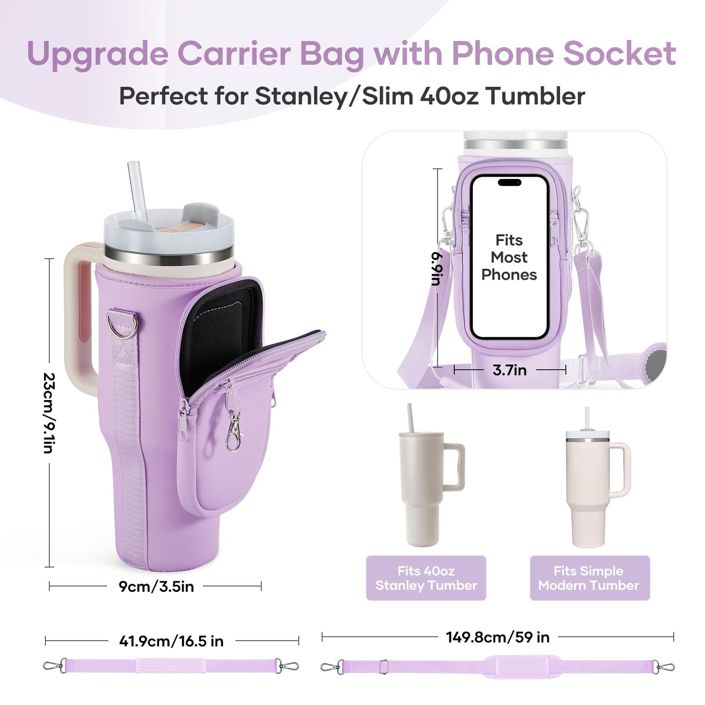 linmaya Water Bottle Carrier Bag with Phone Pocket for Stanley 40/30 oz Tumbler Neoprene Water Bottle Holder Pouch with 2 Adjustable Strap & 3 Leak Stoppers for Stanley Cup Accessories